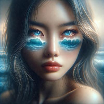 The primary subject of the image is a woman with blue eyes and a blue-green ocean painted on her eyelids. She is wearing a blue dress and has a blue-green ocean painted on her eyelids. The setting is a beach, and the visual style is digital art. The colors and mood of the image are calming and serene, with the blue-green ocean and the woman's blue dress creating a peaceful atmosphere.